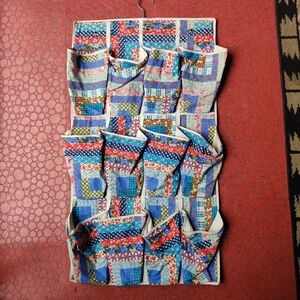 60s 70s Patchwork Hanging Shoe Organizer Closet Storage 12 Pockets Cottage